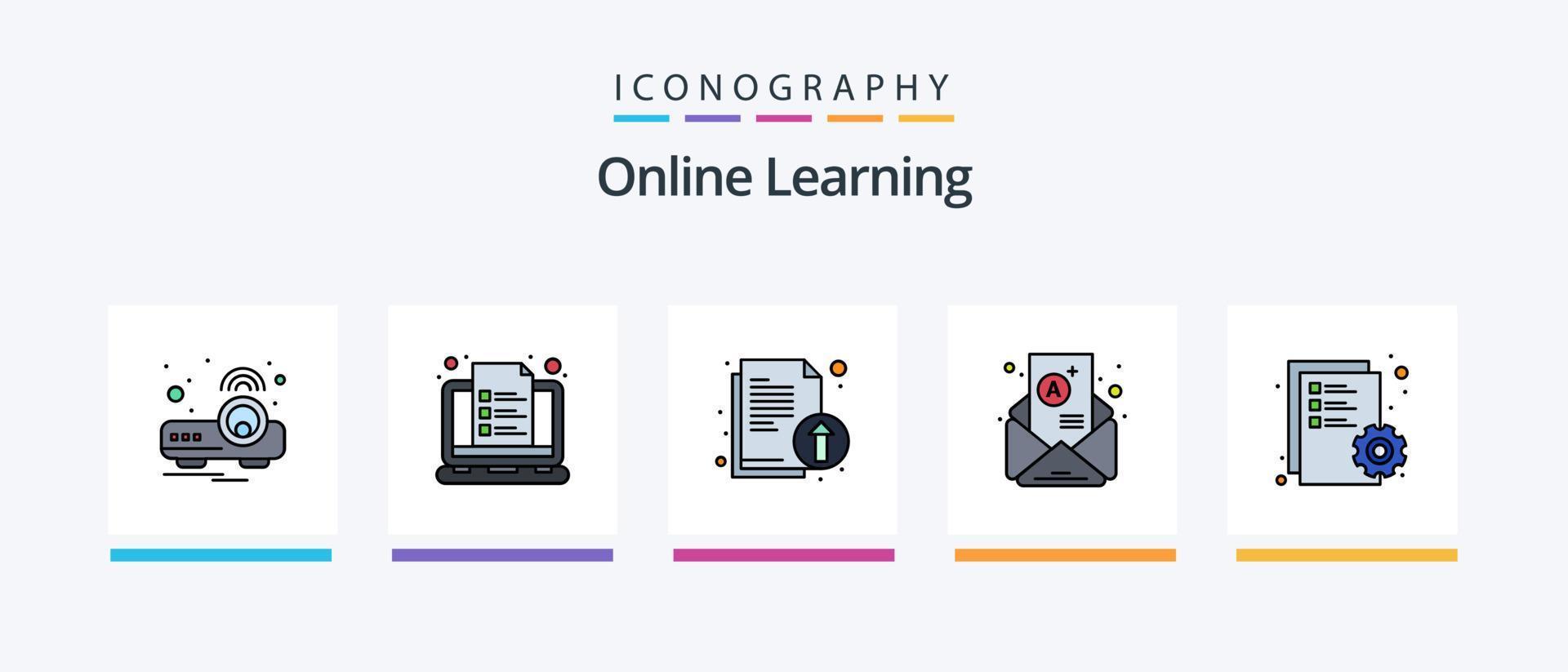 la línea de aprendizaje en línea llenó el paquete de 5 iconos, incluida la educación. proyector. aprobar. presentación. archivo. diseño de iconos creativos vector