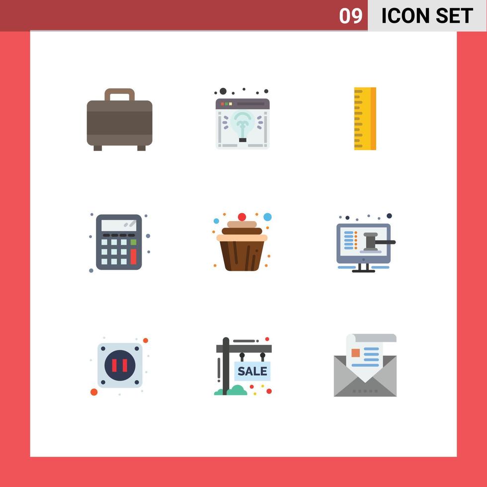 Mobile Interface Flat Color Set of 9 Pictograms of muffin cake scale cupcake calculate Editable Vector Design Elements