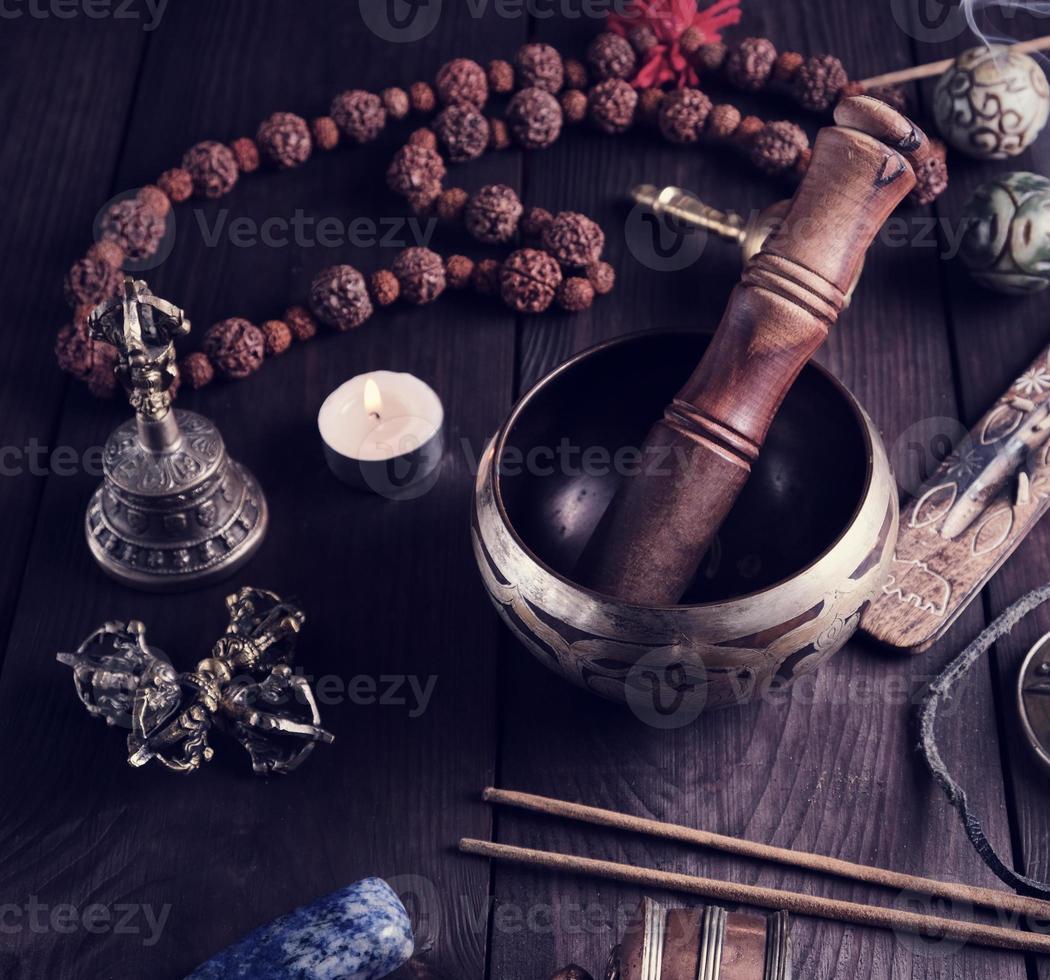 tibetan religious objects for meditation and alternative medicine photo