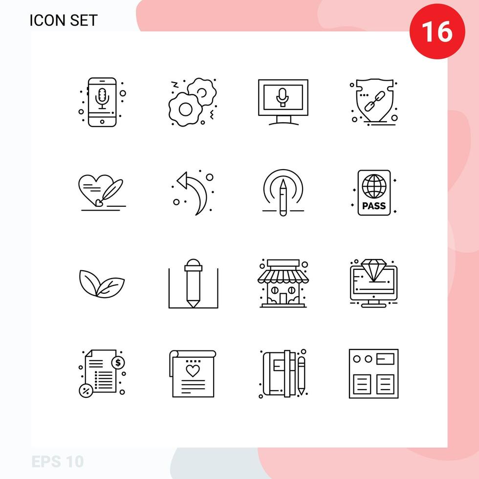 Editable Vector Line Pack of 16 Simple Outlines of love shield monitor protect verify Editable Vector Design Elements