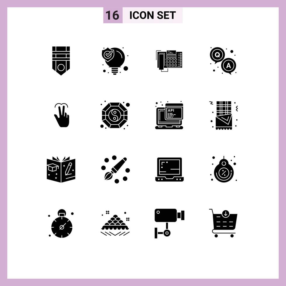 Set of 16 Commercial Solid Glyphs pack for gestures question phone qa contact Editable Vector Design Elements