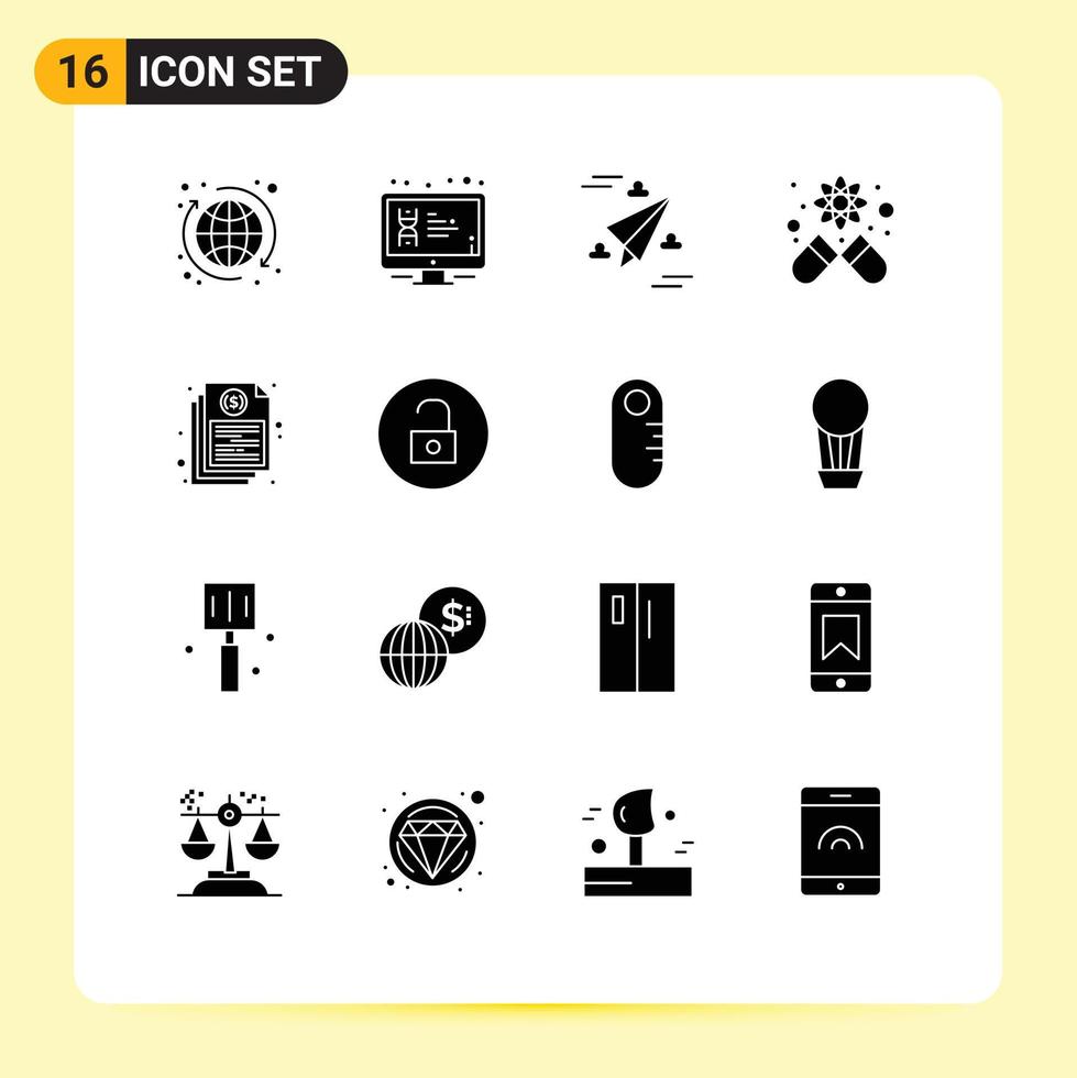 Group of 16 Solid Glyphs Signs and Symbols for document science screen medicine fly Editable Vector Design Elements