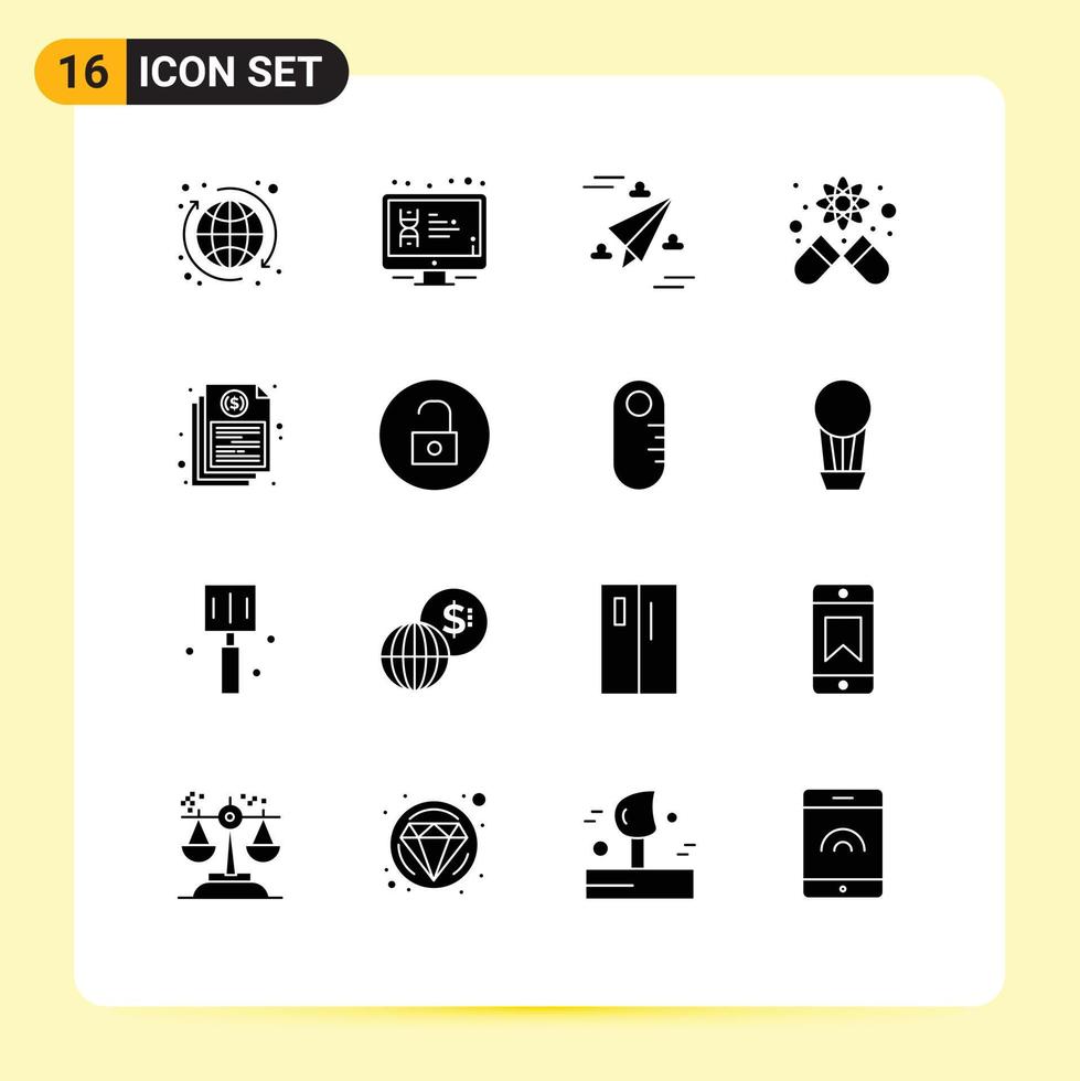 grupo de 16 signos y símbolos de glifos sólidos para elementos de diseño de vectores editables de pantalla de ciencia de documentos
