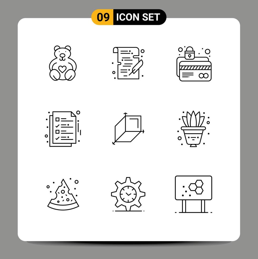 Pack of 9 Modern Outlines Signs and Symbols for Web Print Media such as page file atm card document protection Editable Vector Design Elements