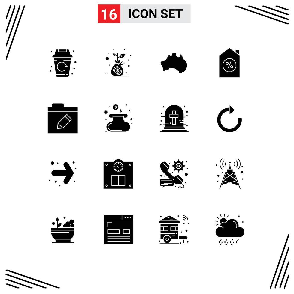 Editable Vector Line Pack of 16 Simple Solid Glyphs of folder property australian mortgage travel Editable Vector Design Elements