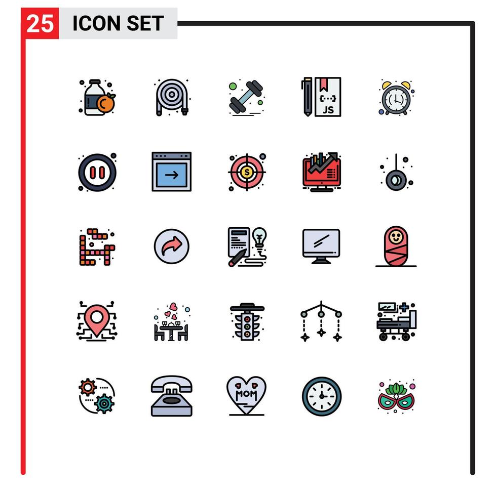 Modern Set of 25 Filled line Flat Colors Pictograph of alarm clock programming gym development coding Editable Vector Design Elements