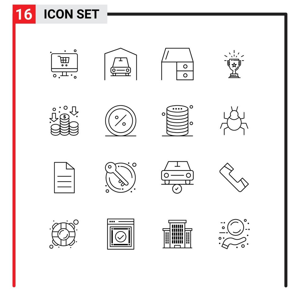 User Interface Pack of 16 Basic Outlines of win business desk drawer award trophy Editable Vector Design Elements