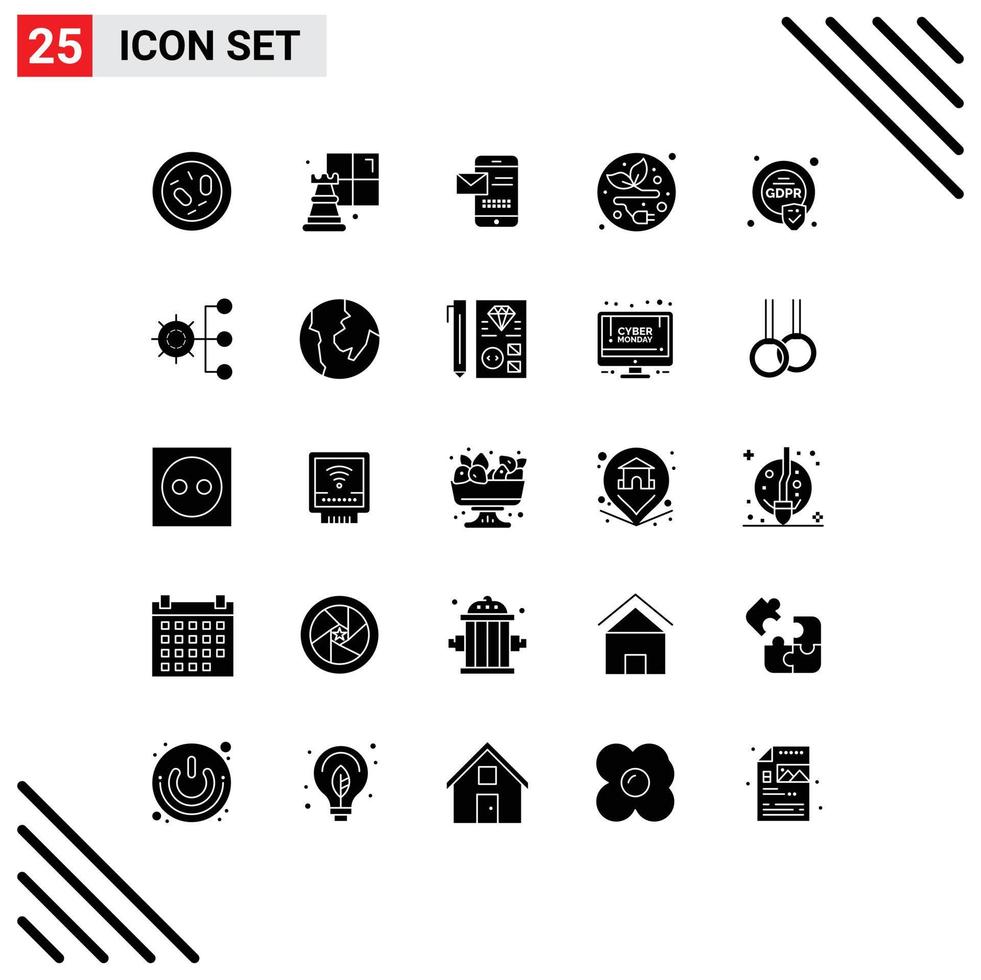 Set of 25 Vector Solid Glyphs on Grid for compliance leaf mobile electric plug receiving sms Editable Vector Design Elements