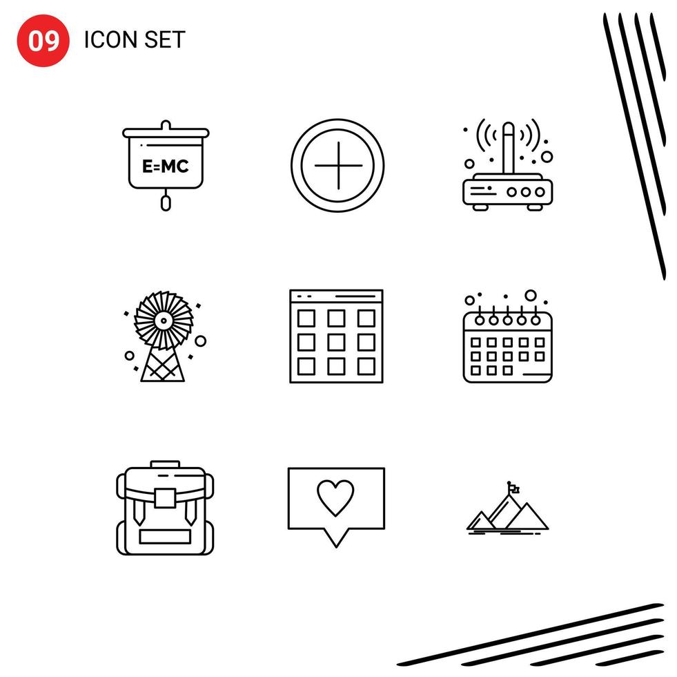 Set of 9 Commercial Outlines pack for interface technology router energy buildings Editable Vector Design Elements