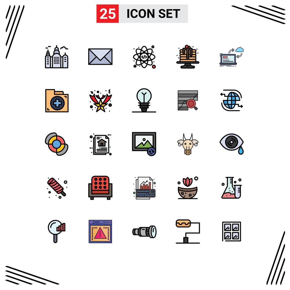 Mobile Interface Filled line Flat Color Set of 25 Pictograms of data sync web dessert birthday Editable Vector Design Elements