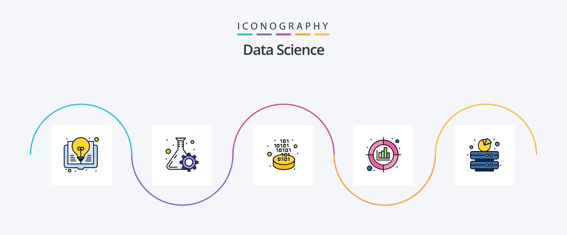 Data Science Line Filled Flat 5 Icon Pack Including target. planning. system. marketing. gate vector