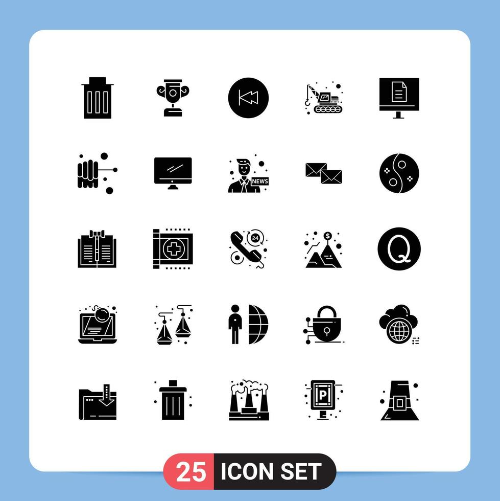 25 Universal Solid Glyphs Set for Web and Mobile Applications internet business back transport excavator Editable Vector Design Elements