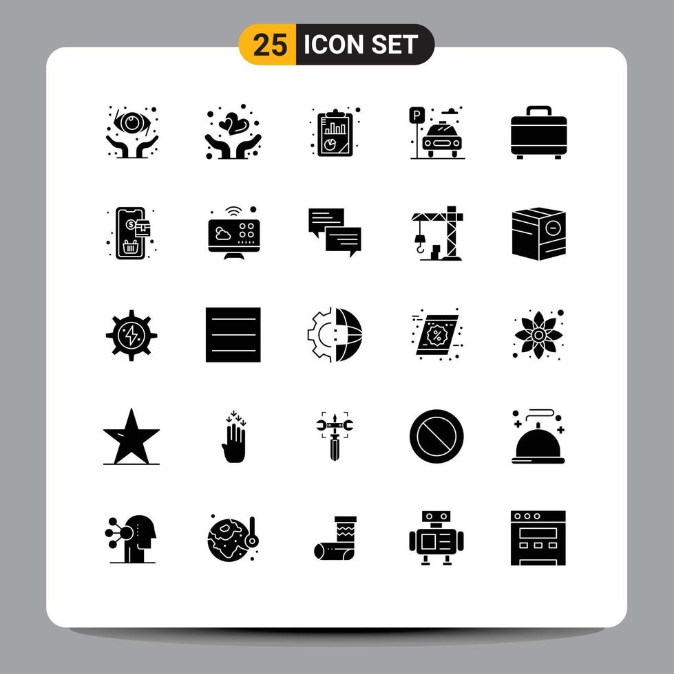 Group of 25 Solid Glyphs Signs and Symbols for planning bag report parking life Editable Vector Design Elements