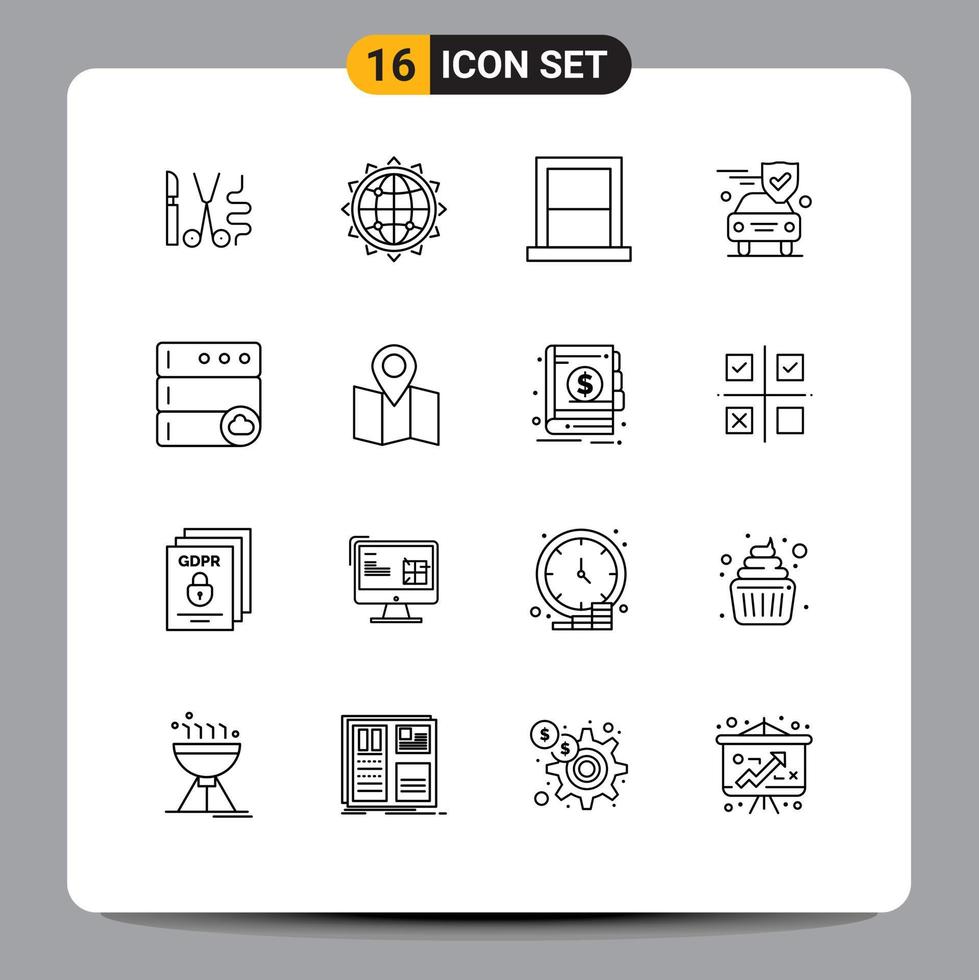 Pack of 16 creative Outlines of shield insurance optimization car home Editable Vector Design Elements