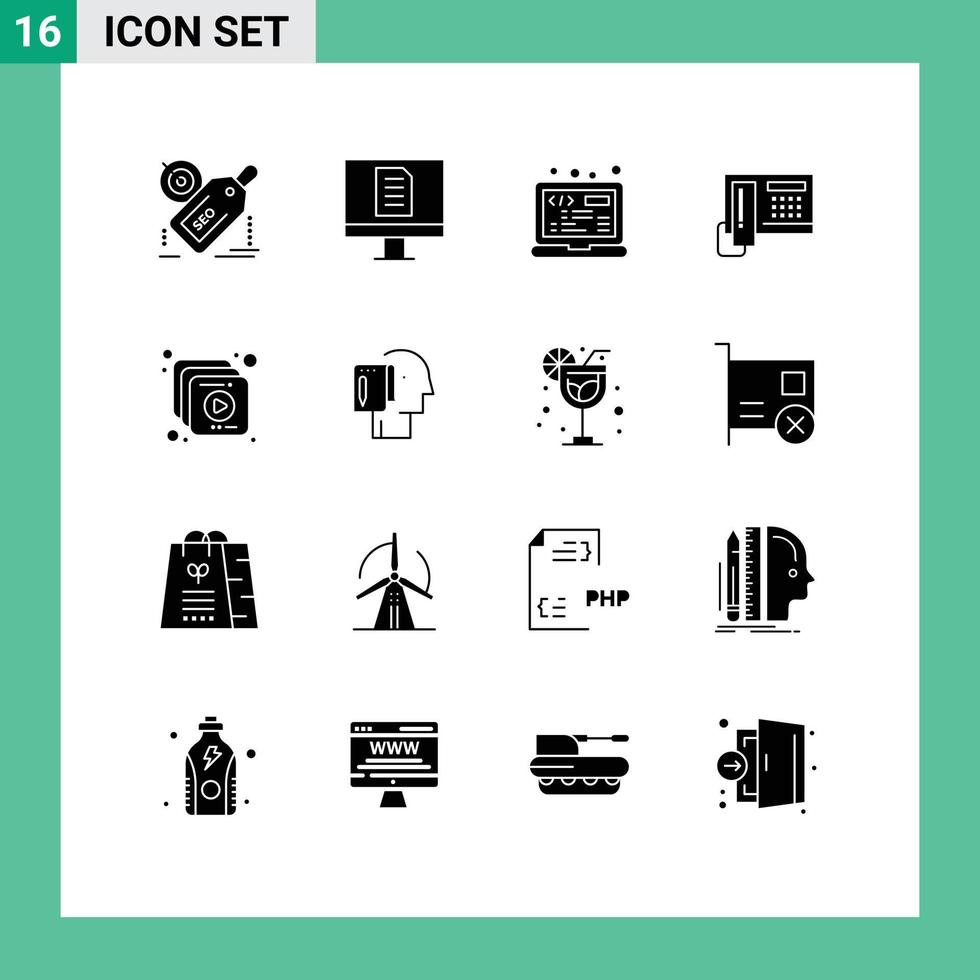 User Interface Pack of 16 Basic Solid Glyphs of multimedia hardware coding cell telephoe Editable Vector Design Elements