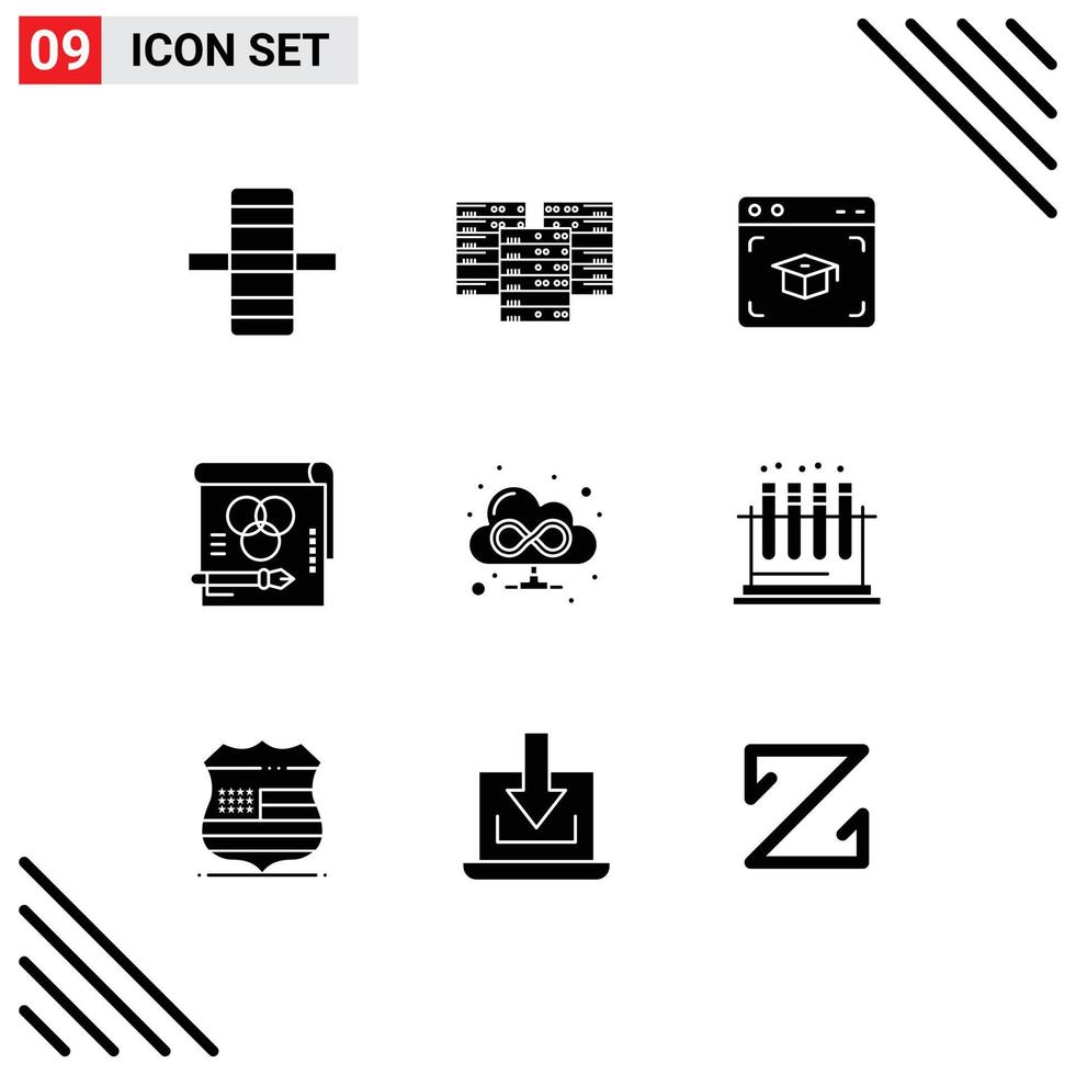 Pack of 9 Modern Solid Glyphs Signs and Symbols for Web Print Media such as browser pen web rgb color Editable Vector Design Elements