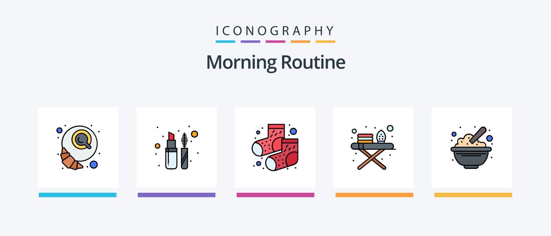 la línea de rutina matutina llenó el paquete de 5 iconos, incluida la marca. Lista de Verificación. loción. controlar. taza. diseño de iconos creativos vector