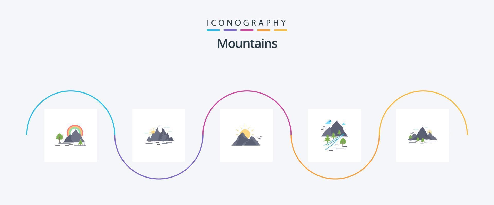 paquete de iconos de montañas planas 5 que incluye árbol. sol. paisaje. montaña. paisaje vector