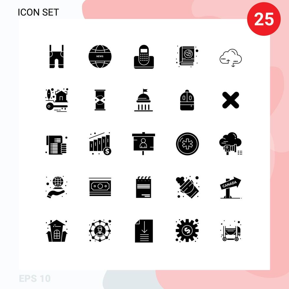 Universal Icon Symbols Group of 25 Modern Solid Glyphs of cloud romantic call love phone Editable Vector Design Elements