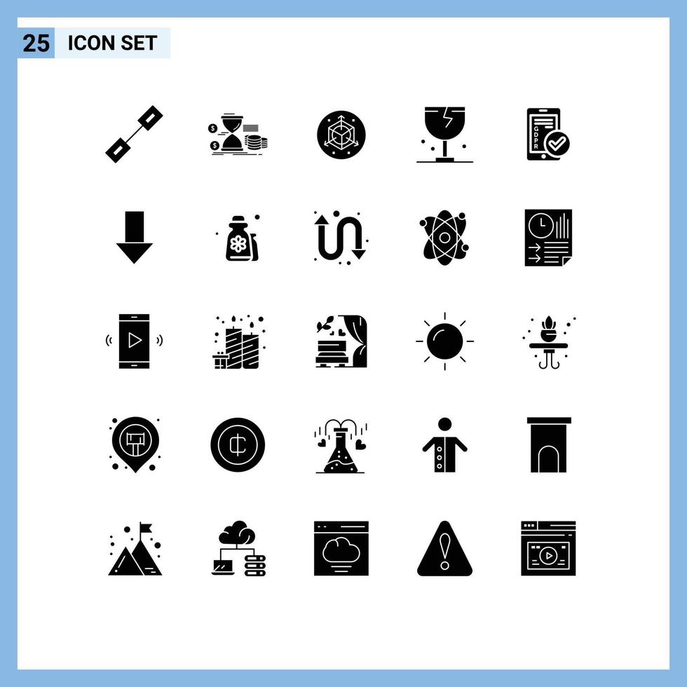 Editable Vector Line Pack of 25 Simple Solid Glyphs of gdpr logistic coins fragile caution Editable Vector Design Elements