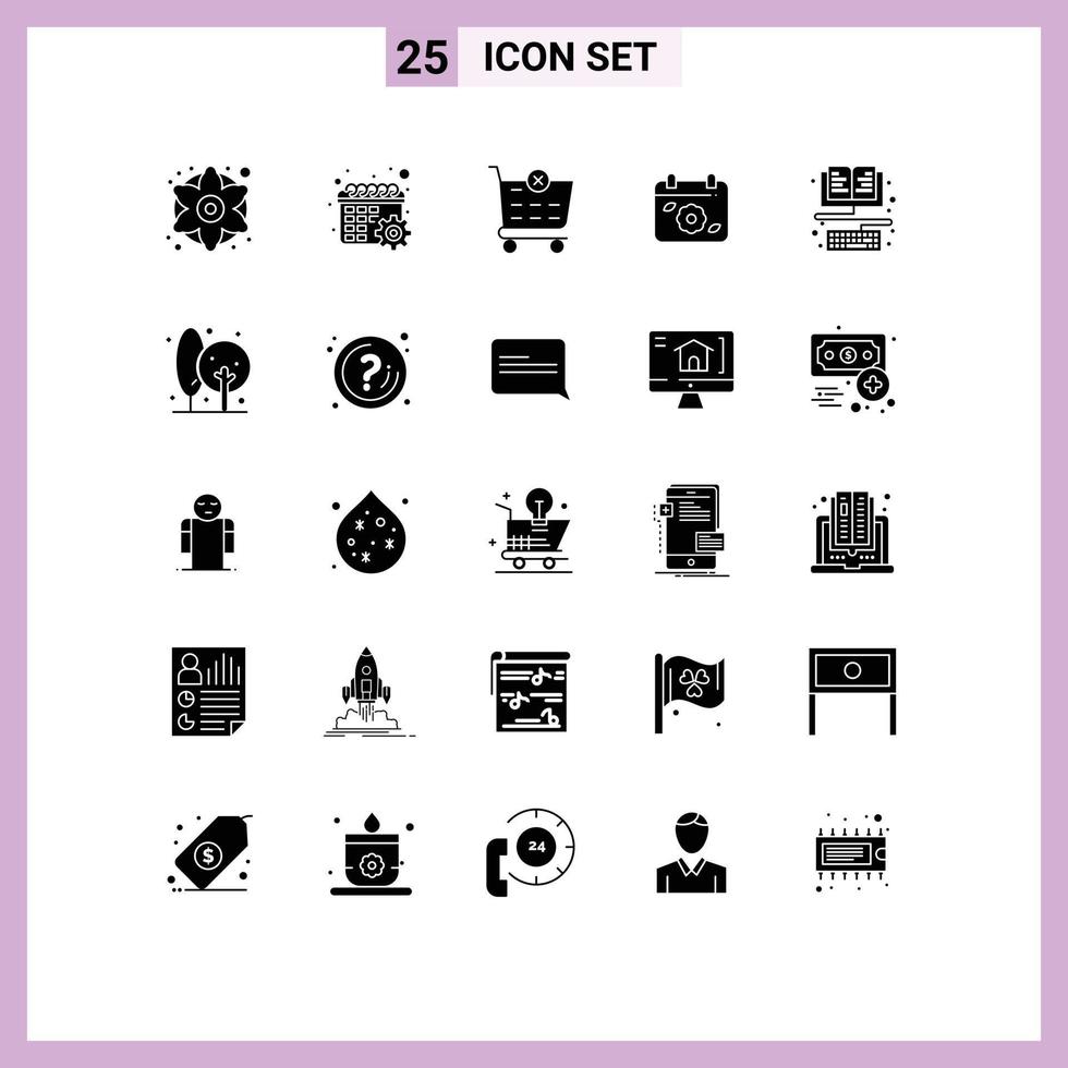 Pack of 25 creative Solid Glyphs of education book checkout spring flower Editable Vector Design Elements