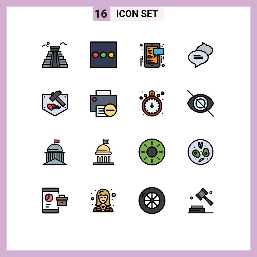 16 Universal Flat Color Filled Line Signs Symbols of computers hammer social media fathers texting Editable Creative Vector Design Elements