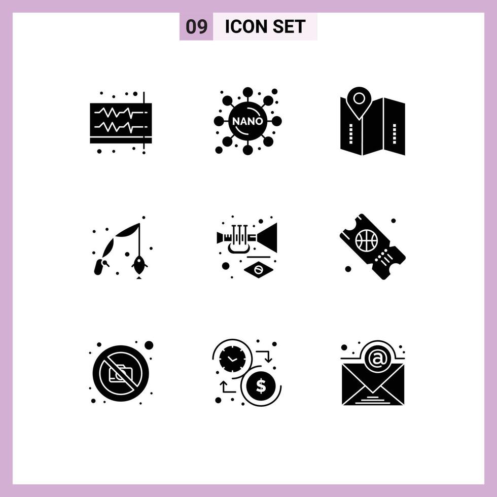 Set of 9 Vector Solid Glyphs on Grid for music hobby map hobbies fish Editable Vector Design Elements