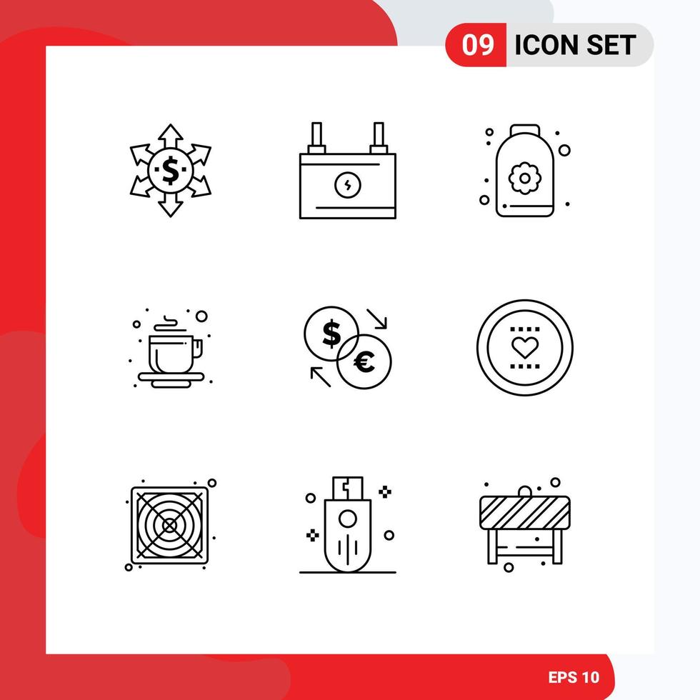 9 User Interface Outline Pack of modern Signs and Symbols of exchange converter sauna tea place hot Editable Vector Design Elements