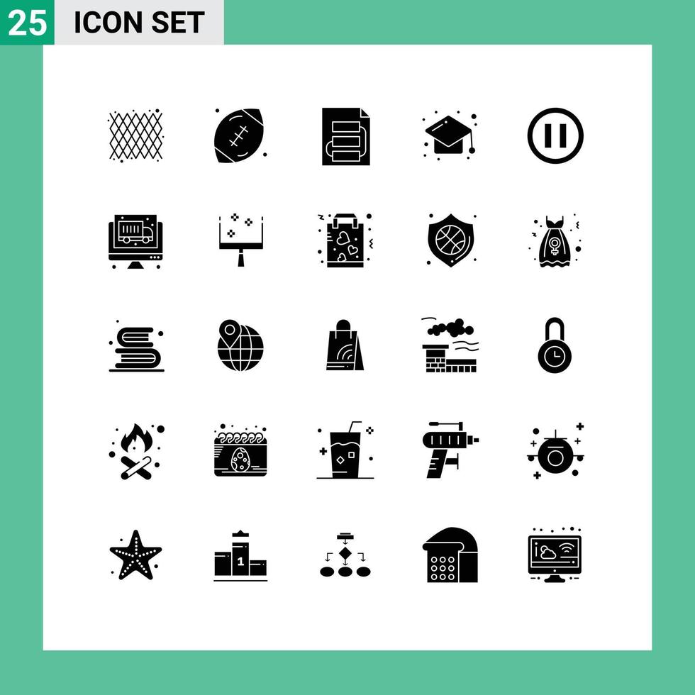 Mobile Interface Solid Glyph Set of 25 Pictograms of study education rugby cap strategy Editable Vector Design Elements
