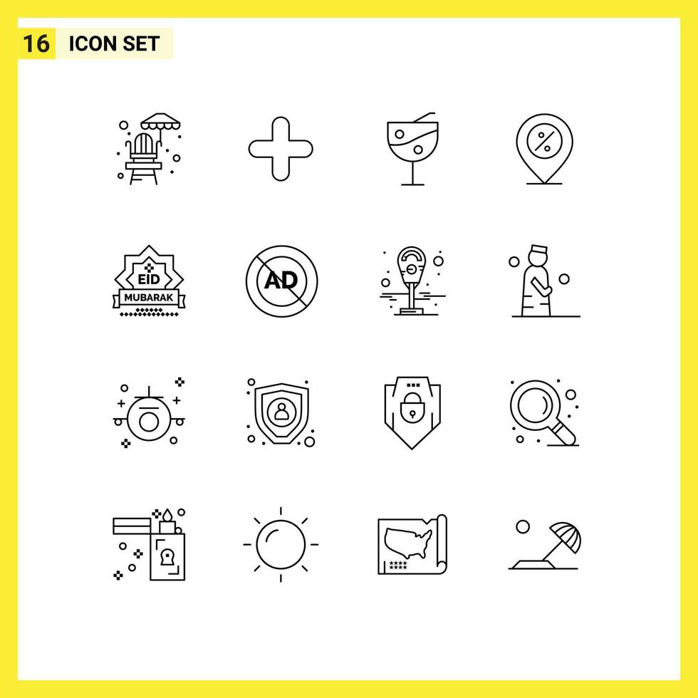 Set of 16 Modern UI Icons Symbols Signs for stamp eid fruit juice glass location percent Editable Vector Design Elements