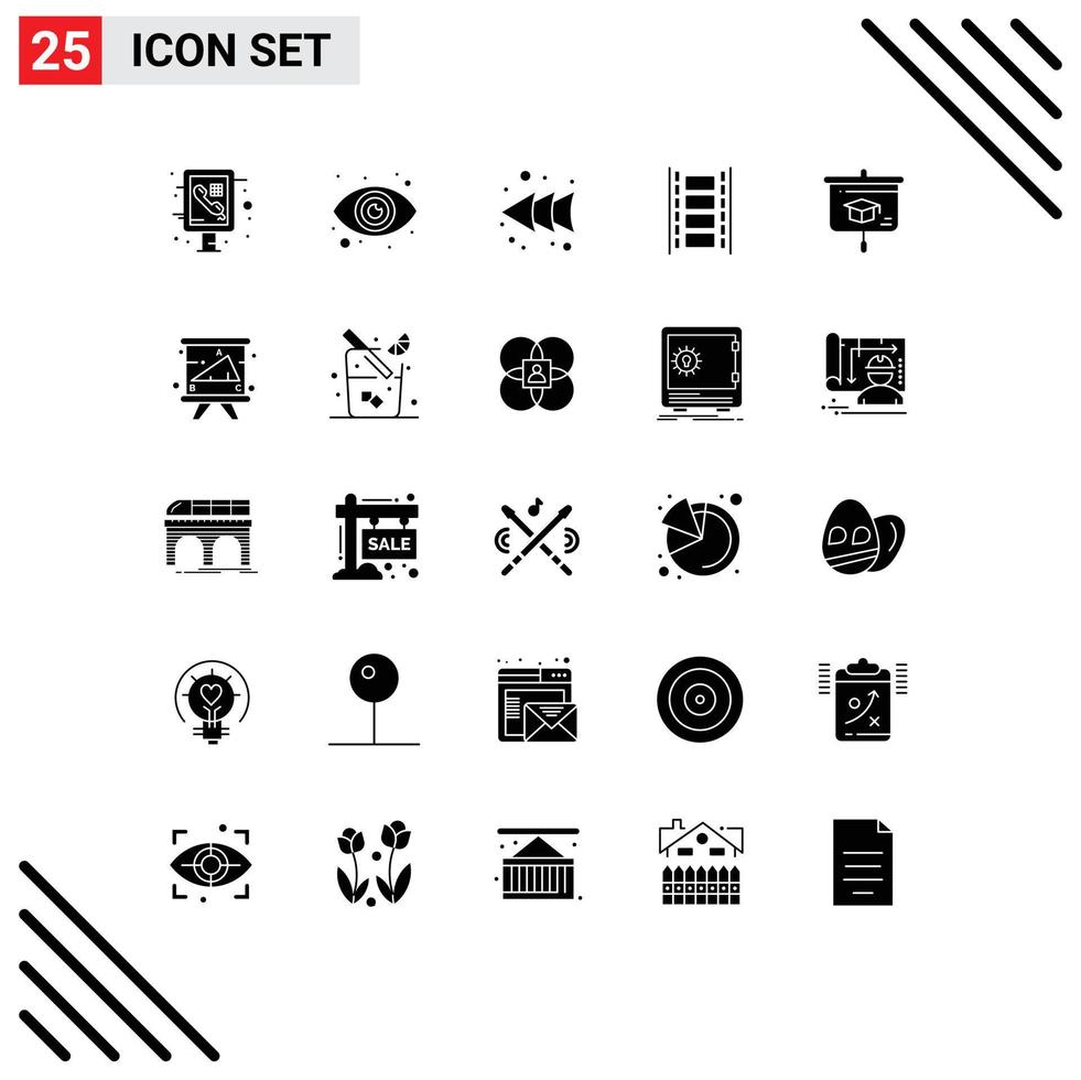 25 Universal Solid Glyphs Set for Web and Mobile Applications school education left chart film reel Editable Vector Design Elements