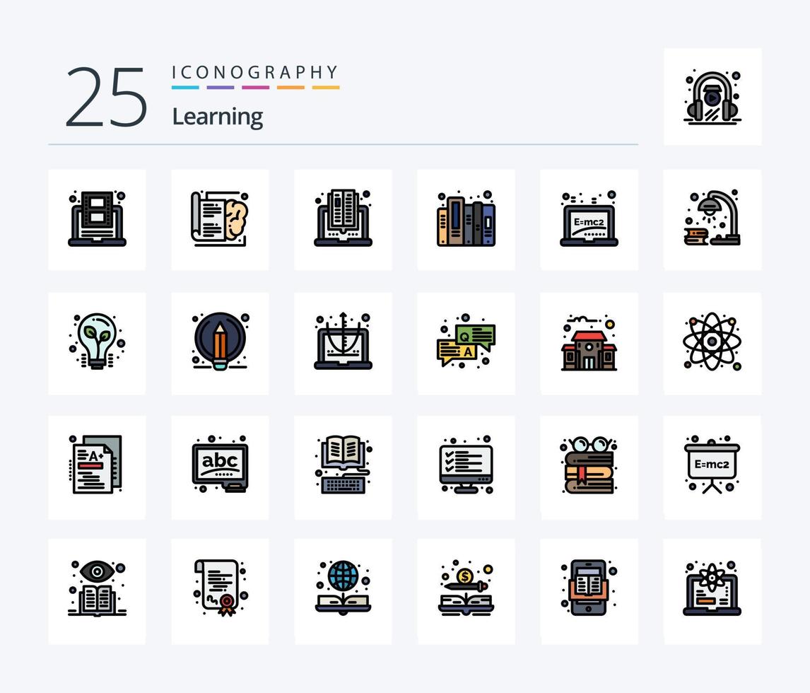 aprendizaje Paquete de iconos llenos de 25 líneas que incluye aprendizaje. documento. aprendiendo. datos. lectura vector