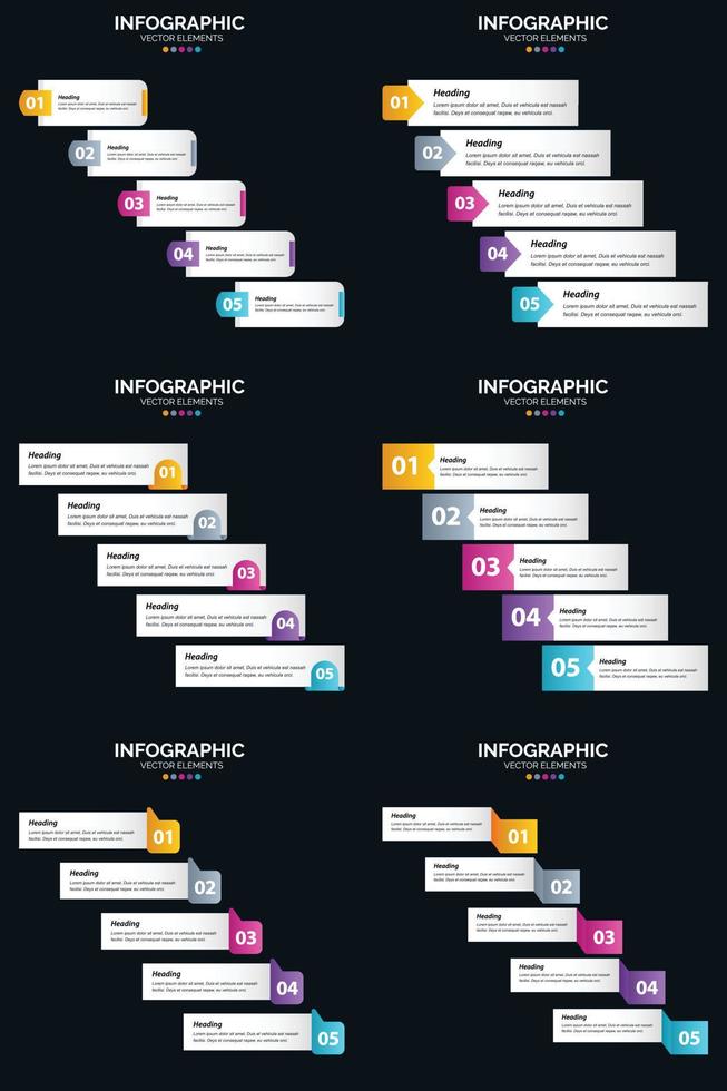 plantilla de diapositiva de presentación del paquete de infografías vectoriales 6 diagramas de ciclo de 5 pasos y líneas de tiempo vector