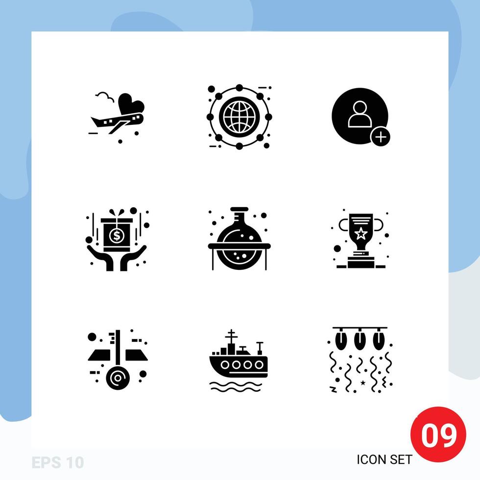 Modern Set of 9 Solid Glyphs Pictograph of flask fund line reward award Editable Vector Design Elements