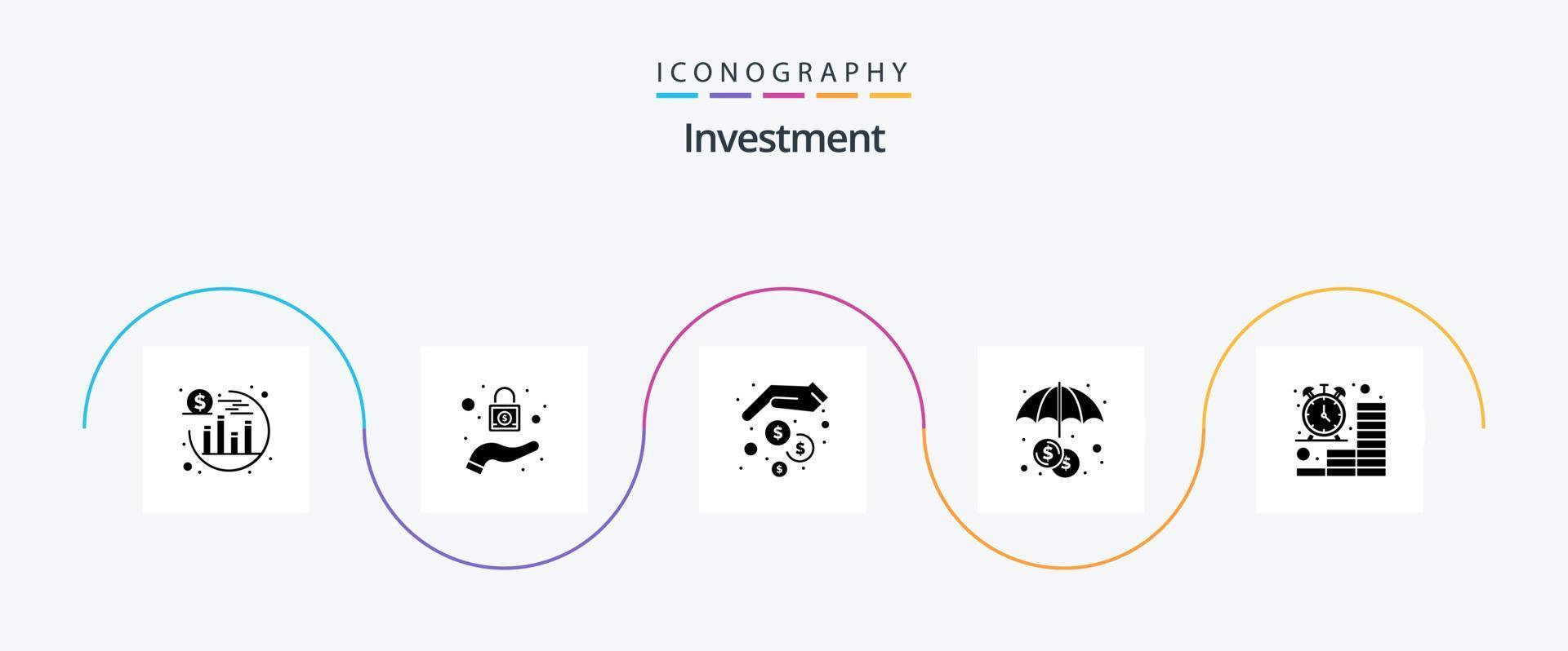 Investment Glyph 5 Icon Pack Including money. coins. money. clock. investment vector