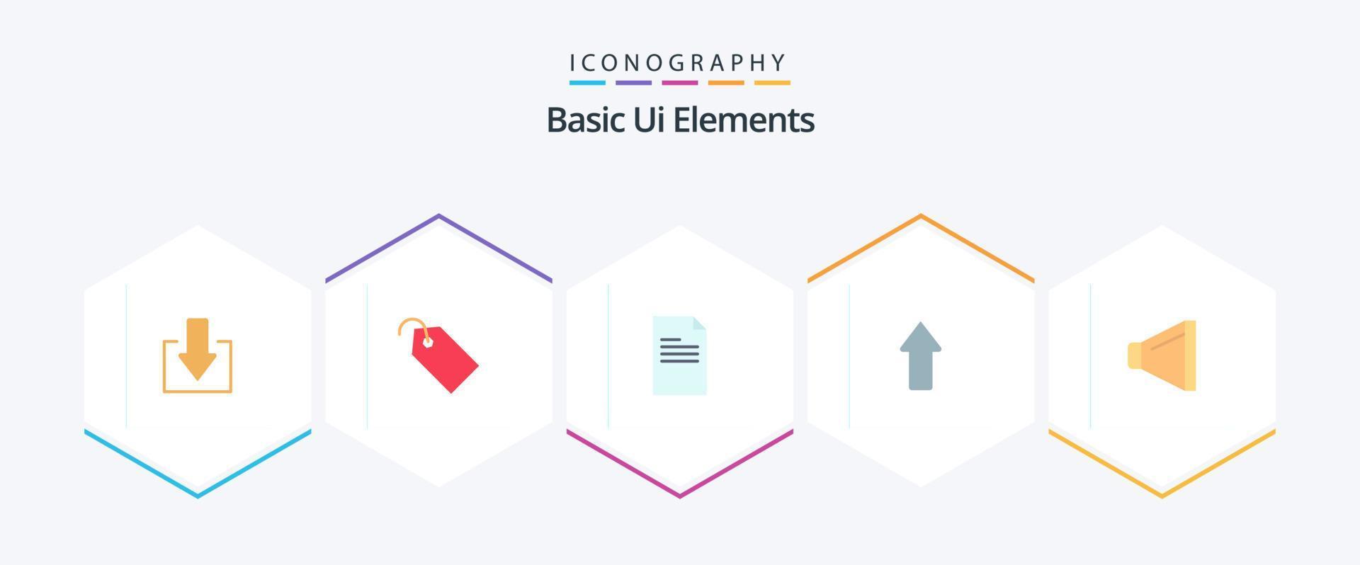 elementos básicos de la interfaz de usuario paquete de 25 iconos planos que incluye volumen. sonido. texto. subir. flechas vector