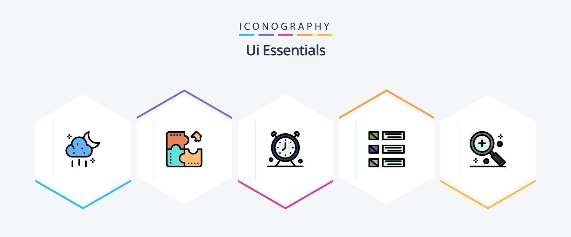 Ui Essentials 25 FilledLine icon pack including listing. detail. puzzle. design. time vector