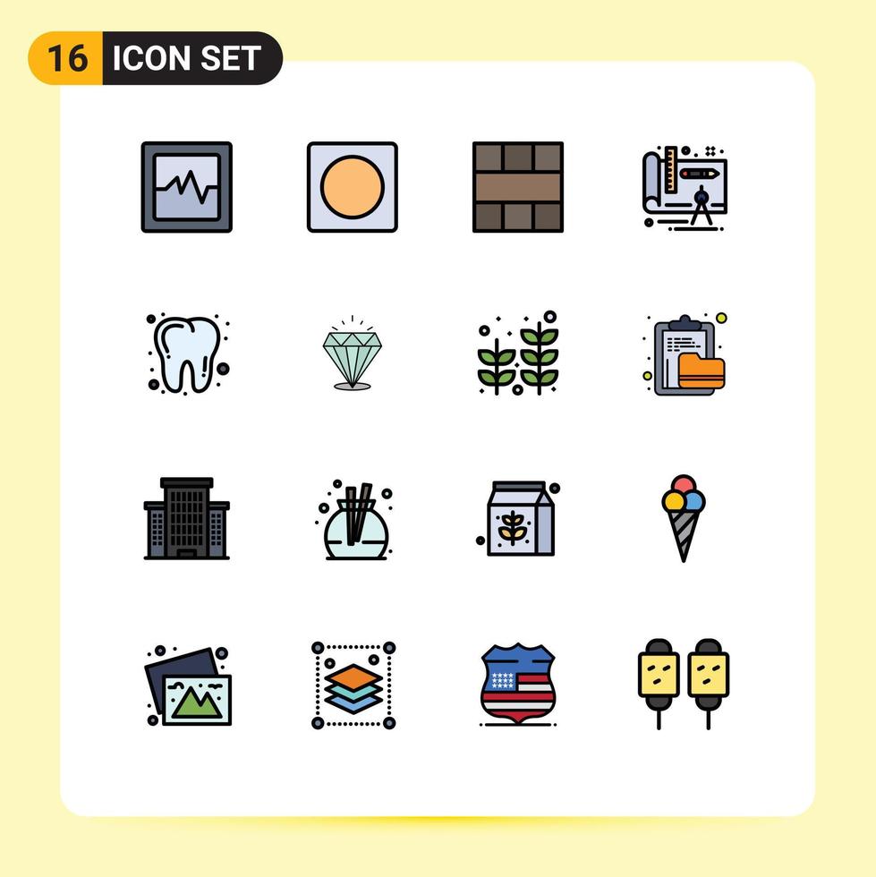 Pictogram Set of 16 Simple Flat Color Filled Lines of diamound dentist interface dental design Editable Creative Vector Design Elements