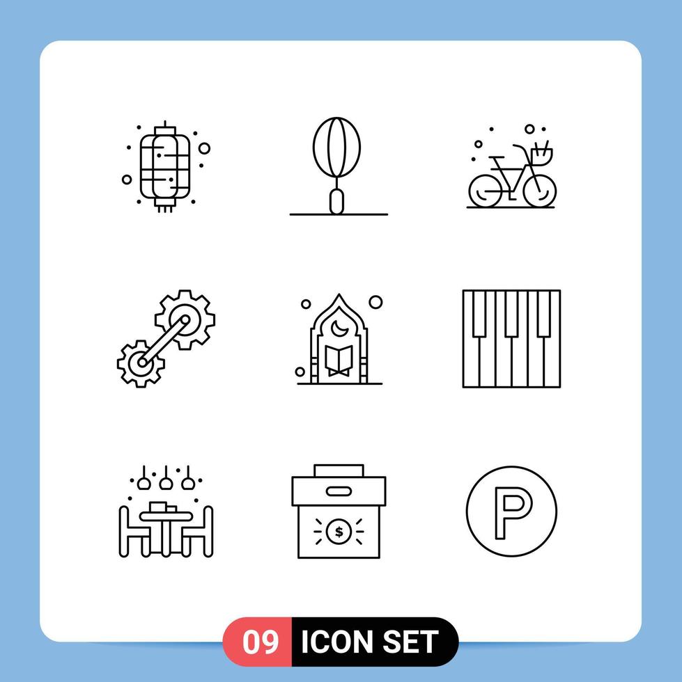 Group of 9 Outlines Signs and Symbols for muslim industrial beach engineering cogs Editable Vector Design Elements