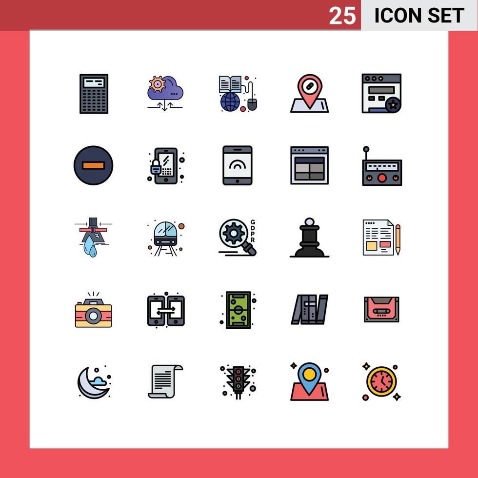 25 User Interface Filled line Flat Color Pack of modern Signs and Symbols of seo pills book location globe Editable Vector Design Elements