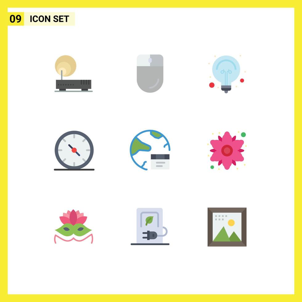 9 User Interface Flat Color Pack of modern Signs and Symbols of database office bulb gauge business Editable Vector Design Elements