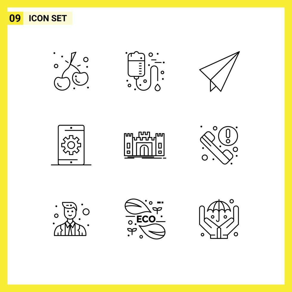 Group of 9 Outlines Signs and Symbols for defense search paper phone media Editable Vector Design Elements