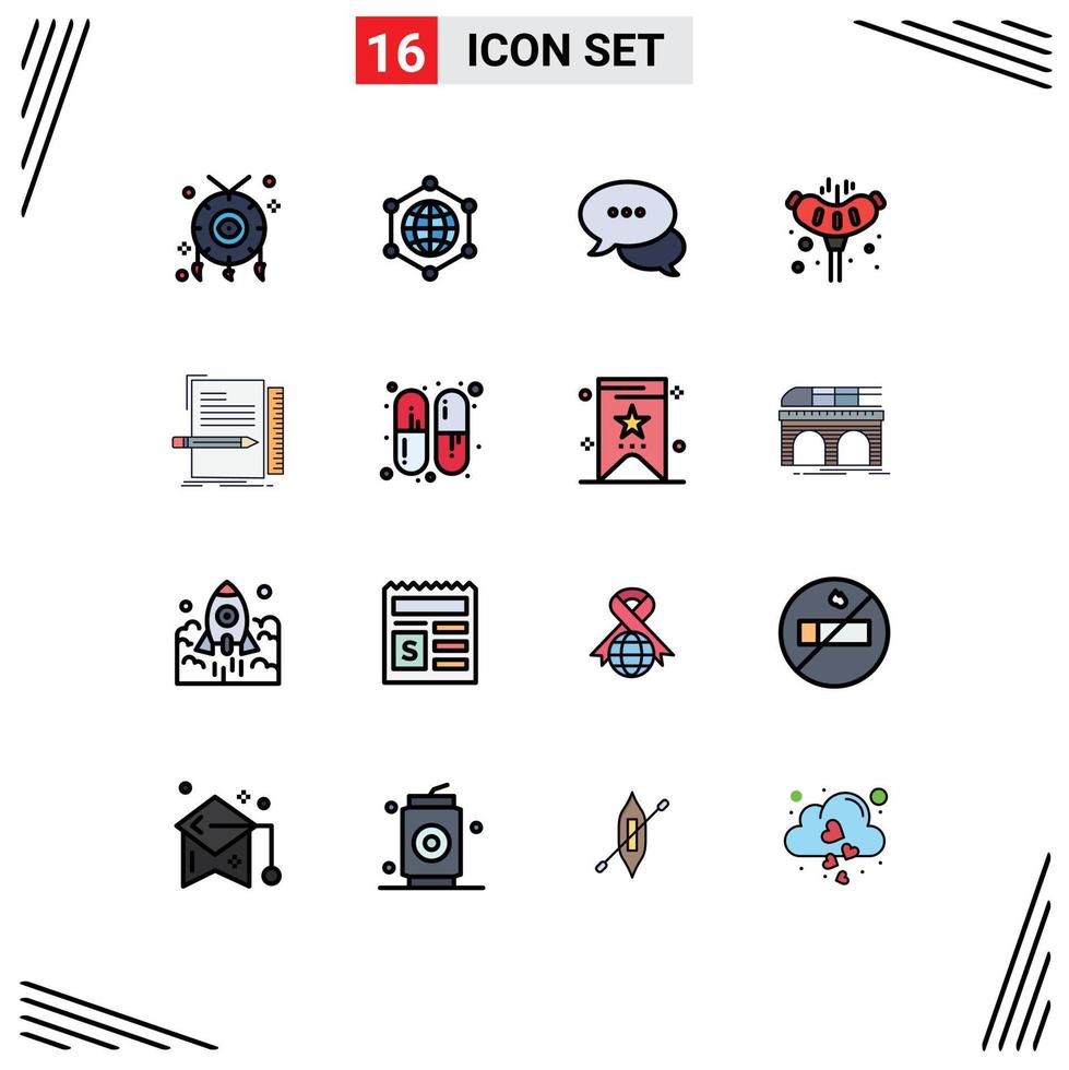 Pictogram Set of 16 Simple Flat Color Filled Lines of file code chat camping pork Editable Creative Vector Design Elements