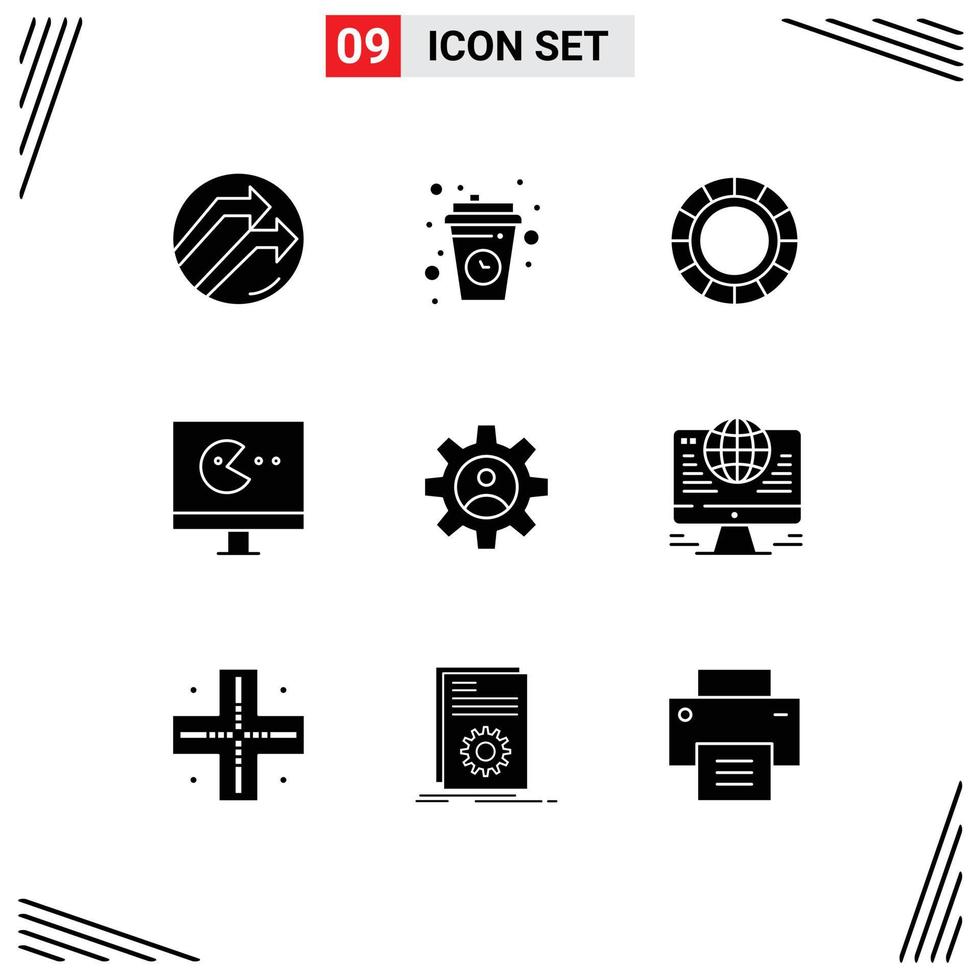 Universal Icon Symbols Group of 9 Modern Solid Glyphs of profile gear relax video game Editable Vector Design Elements