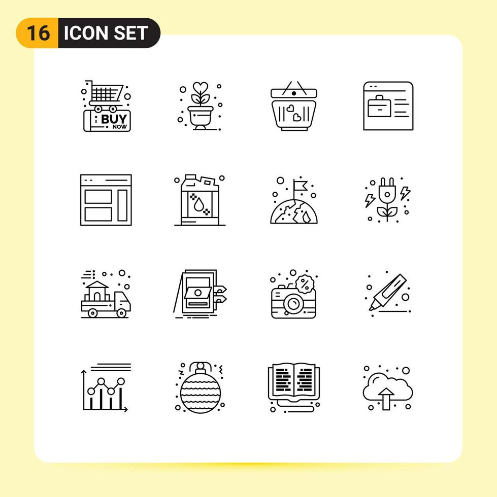Pack of 16 Modern Outlines Signs and Symbols for Web Print Media such as interface online portfolio cart job website bag Editable Vector Design Elements