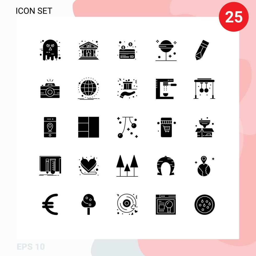 Mobile Interface Solid Glyph Set of 25 Pictograms of design sweet building lollipop confect Editable Vector Design Elements