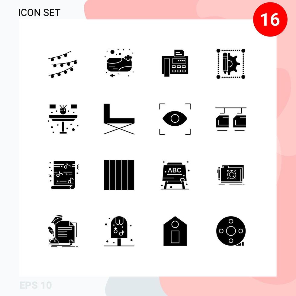 16 Thematic Vector Solid Glyphs and Editable Symbols of desk gear clean design fax machine Editable Vector Design Elements