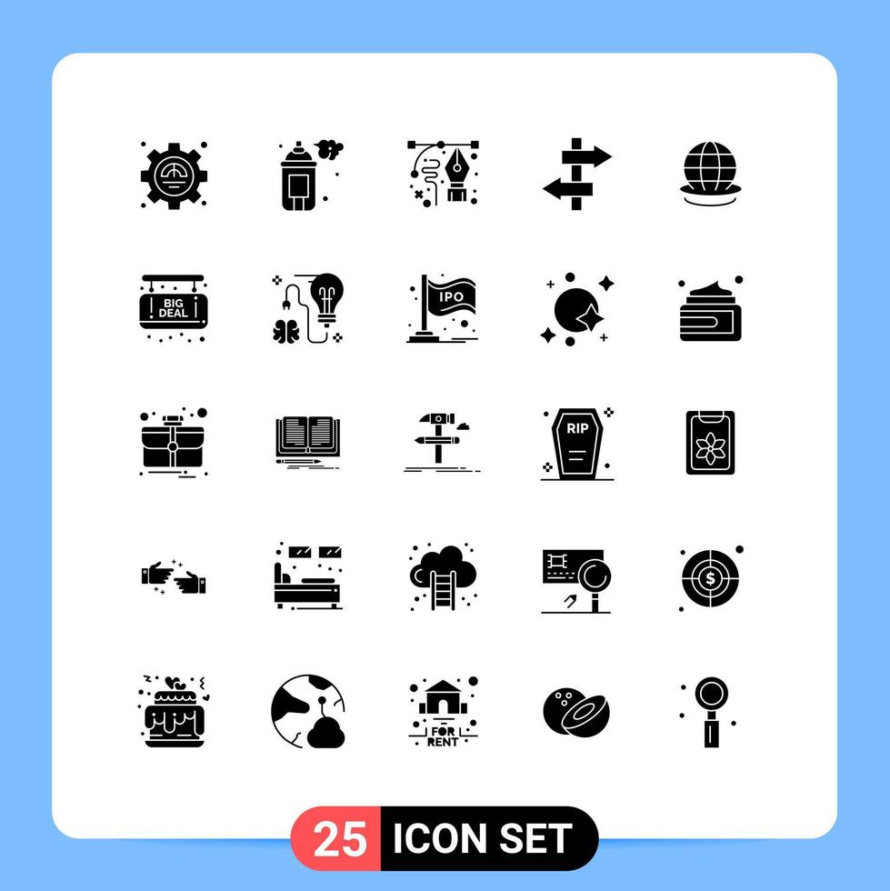 Pack of 25 Modern Solid Glyphs Signs and Symbols for Web Print Media such as globe journey art sign pencil Editable Vector Design Elements