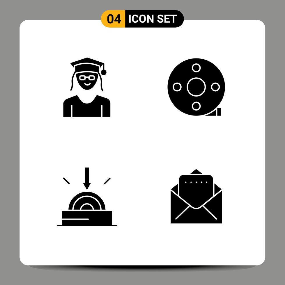 4 User Interface Solid Glyph Pack of modern Signs and Symbols of cap business woman clapper software Editable Vector Design Elements