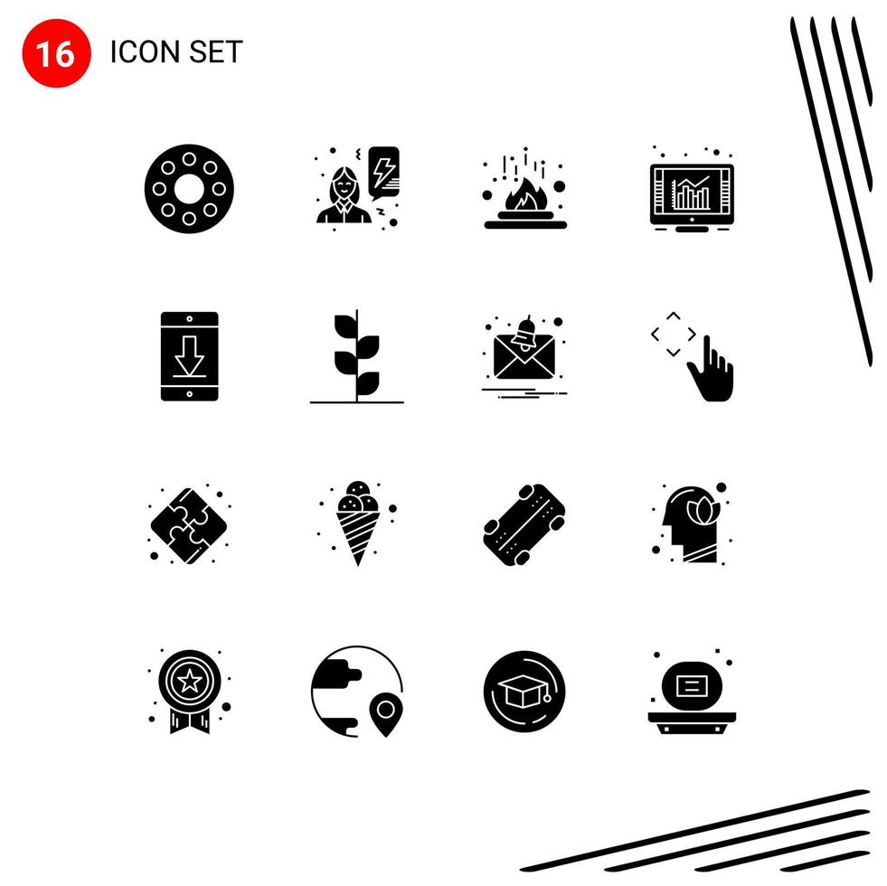 Pack of 16 Modern Solid Glyphs Signs and Symbols for Web Print Media such as device report fire online browser Editable Vector Design Elements